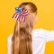 Patriotic Glitter Hair Bow – 4th of July Sequin American Flag Cheer Bow – Red White Blue Sparkly Ribbon Hair Accessory with Elastic Band for Women & Girls Independence Day Party
